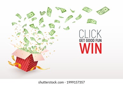 Dollar paper currency explosion and flying out the box. Win money prizes vector banner. Gambling advertising illustration. Red gift box on white background