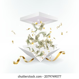 Dollar paper currency explosion and flying out the box. Win money prizes vector banner. Gambling advertising illustration. white gift box on white background