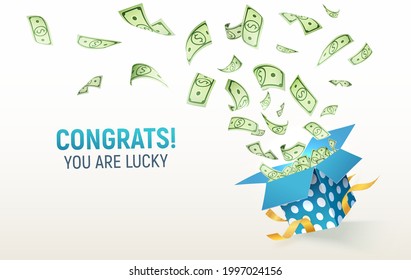 Dollar paper currency explosion out box. Win money prizes vector banner. Gambling advertising illustration. Blue gift box on white background