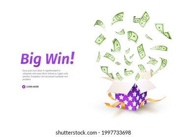 Dollar Paper Currency Explosion Out Box. Win Money Prizes Vector Banner. Gambling Advertising Illustration. Purple Textured Gift Box On White Background