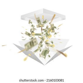 Dollar paper currency explosion out box. Win money prizes vector banner.