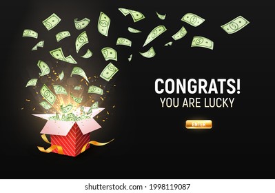 Dollar Paper Currency Explosion Outbox. Win Money Prizes Vector Banner. Gambling Advertising Illustration. Red Gift Box On Dark Background