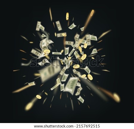 Dollar paper currency explosion . Win money prizes vector banner. Gambling advertising illustration.