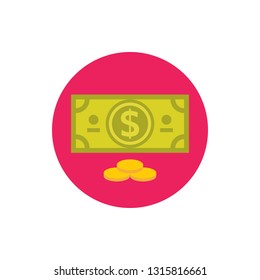 Dollar paper and gold coins money - concept colored icon in flat graphic design style. Sign for website, mobile application, presentation, infographic. Vector illustration. 