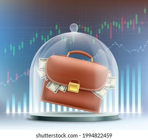 Dollar paper money in a briefcase under a glass dome. Financial investments. Vector illustration.