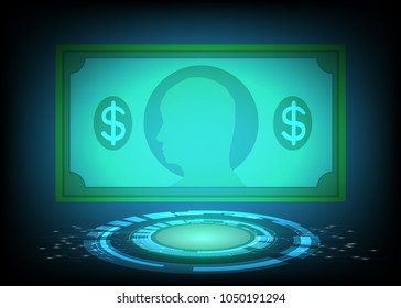Dollar paper money design vector illustration  on dark blue green abstract technology background. business currency internet banking online concept