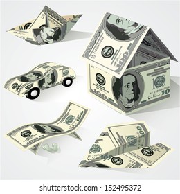 Dollar paper origami objects. Vector set.