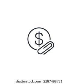 Dollar and paperclip. Fixed costs. Vector linear icon isolated on white background.