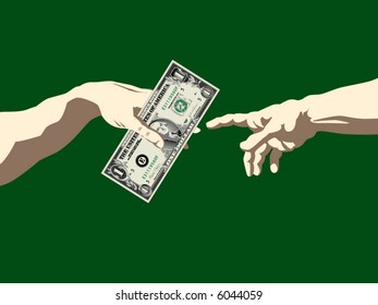 A dollar is passed from one hand to another in this "creation of Adam" business background