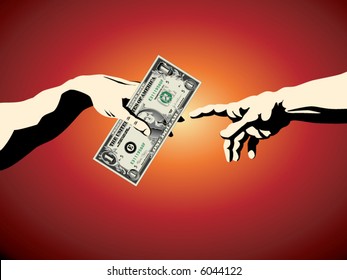 A dollar is passed from one hand to another in this "creation of Adam" business background