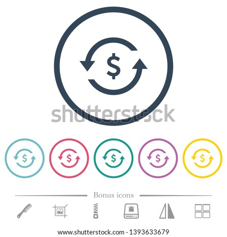 Dollar pay back flat color icons in round outlines. 6 bonus icons included.