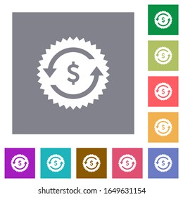 Dollar pay back guarantee sticker flat icons on simple color square backgrounds