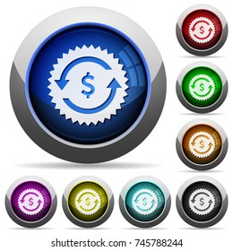 Dollar pay back guarantee sticker icons in round glossy buttons with steel frames