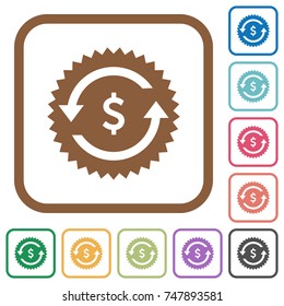 Dollar pay back guarantee sticker simple icons in color rounded square frames on white background