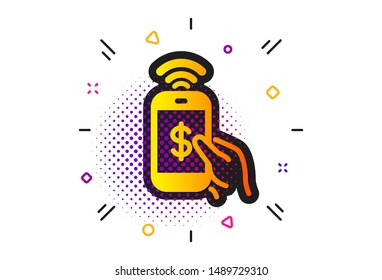 Dollar pay sign. Halftone circles pattern. Phone Payment icon. Finance symbol. Classic flat phone payment icon. Vector