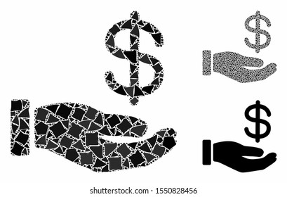 Dollar payment hand mosaic of unequal pieces in variable sizes and shades, based on dollar payment hand icon. Vector raggy parts are combined into mosaic.