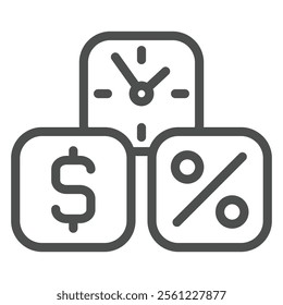 Dollar, percent, clock cubes line icon, bank and finance concept. Vector graphics. Three cube deposit boxes sign on white background, outline style icon for mobile or web design