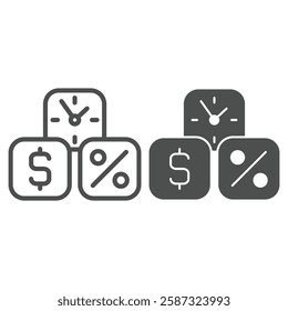 Dollar, percent, clock cubes line and solid icon, bank and finance concept. Vector graphics. Three cube deposit boxes sign on white background, outline style icon for mobile or web design