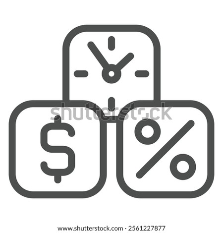 Dollar, percent, clock cubes line icon, bank and finance concept. Vector graphics. Three cube deposit boxes sign on white background, outline style icon for mobile or web design