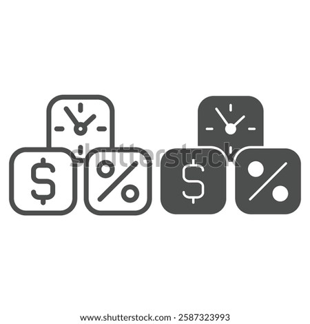 Dollar, percent, clock cubes line and solid icon, bank and finance concept. Vector graphics. Three cube deposit boxes sign on white background, outline style icon for mobile or web design