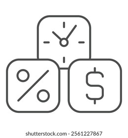 Dollar, percent, clock cubes thin line icon, bank and finance concept. Vector graphics. Three cube deposit boxes sign on white background, outline style icon for mobile or web design