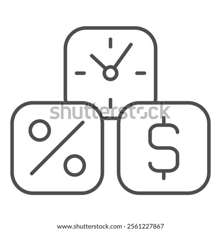 Dollar, percent, clock cubes thin line icon, bank and finance concept. Vector graphics. Three cube deposit boxes sign on white background, outline style icon for mobile or web design