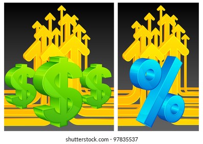 Dollar and percent symbol on arrows background business concept, vector illustration