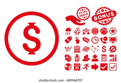Dollar pictograph with bonus clip art. Vector illustration style is flat iconic symbols, red color, white background.