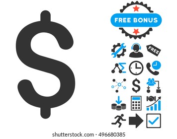 Dollar pictograph with bonus pictograph collection. Vector illustration style is flat iconic bicolor symbols, blue and gray colors, white background.