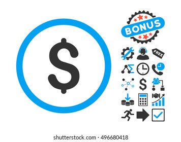 Dollar pictograph with bonus pictograph collection. Vector illustration style is flat iconic bicolor symbols, blue and gray colors, white background.