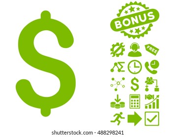 Dollar pictograph with bonus design elements. Vector illustration style is flat iconic symbols, eco green color, white background.
