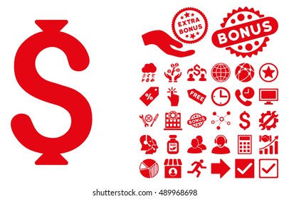 Dollar pictograph with bonus pictogram. Vector illustration style is flat iconic symbols, red color, white background.