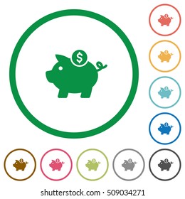 Dollar piggy bank flat color icons in round outlines