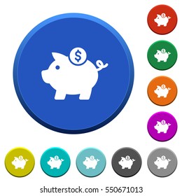 Dollar piggy bank round color beveled buttons with smooth surfaces and flat white icons