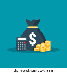 dollar pile coins icon. gold golden stack and money bag for profit saving. calculations counting, data analytic, planning, report. business investment growth concept. flat style vector illustration.