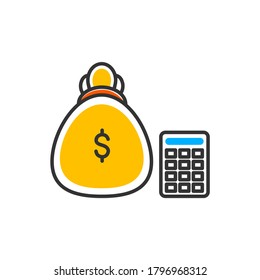 Dollar pile coins icon. Gold golden stack and money bag for profit saving. Calculations counting, data analytic, planning, report. Vector color icon.