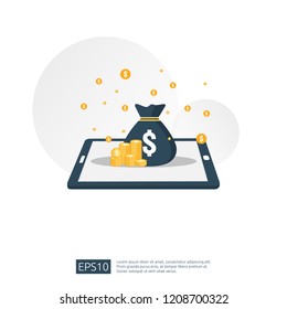 dollar pile stack and money bag on smartphone. concept for business investment, digital mobile wallet, Internet banking, make profit online, wireless transfer payment. flat style vector illustration