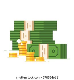 Dollar piles with gold coins. Vector flat illustration isolated on white background