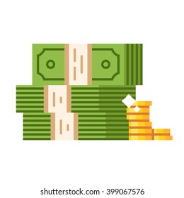 Dollar piles with gold dollar coins. Vector flat illustration.