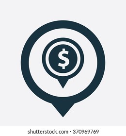 dollar pin icon, on white background map pin