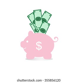 Dollar and pink piggy bank on a white background