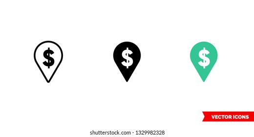 Dollar place marker icon of 3 types: color, black and white, outline. Isolated vector sign symbol.