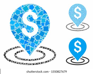 Dollar place mosaic of irregular parts in variable sizes and color hues, based on dollar place icon. Vector rugged parts are composed into mosaic. Dollar place icons collage with dotted pattern.