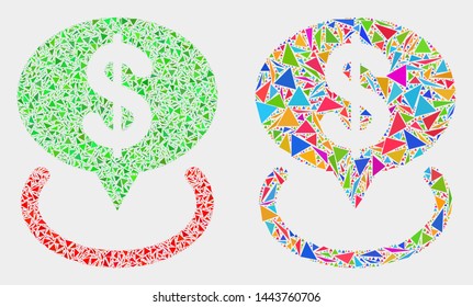 Dollar placement collage icon of triangle elements which have different sizes and shapes and colors. Geometric abstract vector illustration of dollar placement.