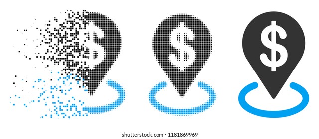 Dollar placement icon in fragmented, pixelated halftone and entire versions. Points are organized into vector dissolving dollar placement icon. Disappearing effect uses rectangle dots.