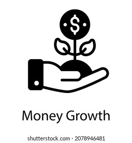 Dollar plant in hand, solid icon of money growth 