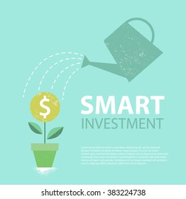Dollar plant in the pot and watering can. Financial growth concept.  Smart investment. Vector illustration.