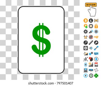 Dollar playing card icon with additional bitcoin mining and blockchain images. Flat vector pictograms for cryptocurrency apps.