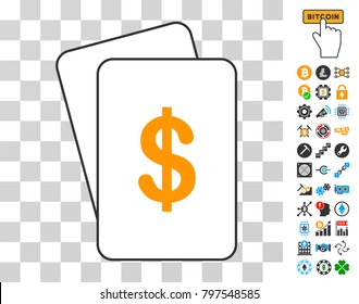 Dollar playing cards pictogram with additional bitcoin mining and blockchain pictograms. Flat vector symbols for crypto currency software.