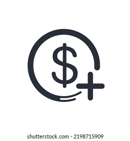 Dólar con un signo más. financiación adicional. Icono lineal vectorial aislado en fondo blanco.